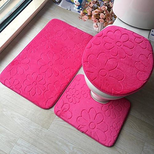 ZHIHUI 3 Piece Bath Mat Set Flannel Printing Non-Slip Bathroom Mats Toilet Cover Rug,Pink