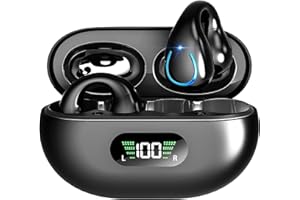 EUQQ Bone Conduction Headphones Wireless Earbuds - Comfort Open Ear Headphone, Clip On Bluetooth 5.3 Ear Buds, Built-in Microphone HIFI Sound Running Earphones with LED Display Charging Case, Ear Clip Buds