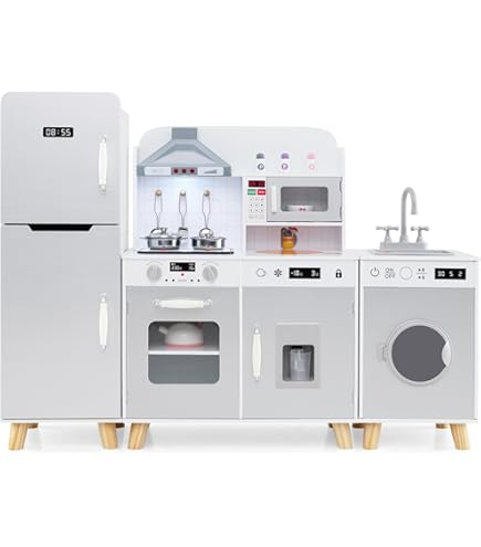 COSTWAY Hoekspeelkeuken Hout Roze – Speelkeuken Met Licht, Geluid, Afzuigkap, Watercirculatiesysteem, Waterdispenser En Wasmachine, Inclusief Accessoires, Voor Kinderen Vanaf 3 Jaar
