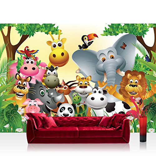 Vlies Fototapete 350x245 cm PREMIUM PLUS Wand Foto Tapete Wand Bild Vliestapete - JUNGLE ANIMALS PARTY - Kinderzimmer Kindertapete Dschungel Zoo Tiere Giraffe Löwe Affe - no. 013