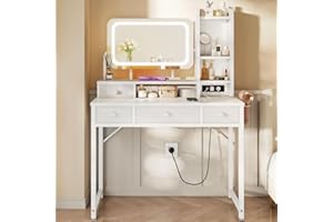 ODK Schminktisch mit Verstellbarem LED-Spiegel, Toilettentisch mit 4 Stoffschubladen, Schminktisch mit Eingebautem USB-Anschluss, Weiß Make-up-Tisch 100×40×140cm