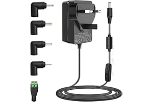 AMZFWING ​12V 2A Power Supply Adapter, 24W AC/DC Converter 100-240V to 12V DC, 5.5x2.5mm Tip with 5 Interchangeable Plugs, for 12 Volt 100mA-2000mA LED Strip, CCTV Camera, Router, Speaker, TV Box​.