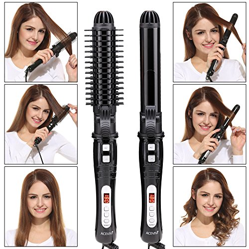 ACEVIVI 2-1 Lockenstab Warmluftbürste Haarglätter Automatisch Anoin mit Keramikbeschichtung EU Stecker LCD Schwarz, 32mm - 2