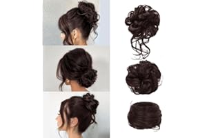 FDEETY 3 Pièces Postiche Cheveux Naturel Chignon Bouclé Décoiffé Postiche Chignon Bouclés Ondulés Synthétiques avec Elastique Chouchou Extension de Cheveux pour Femme （Brun Foncé）