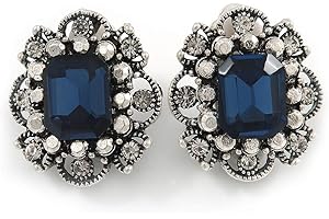 AVALAYA Vintage Inspired Square Midnight Blue/Clear Crystal Clip On Earrings In Aged Silver Tone - 20mm Tall
