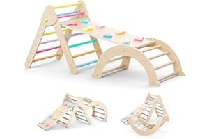 nmoiww Balançoire d'intérieur pour Tout-Petits, échelle d'escalade Triangulaire Pliable, balançoire en Bois d'arc-en-Ciel, Jouet d'escalade Montessori, Charge de 64 kg (Couleurs de l'arc-en-Ciel)