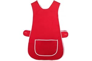 MyShoeStore Women's Tabard Apron with Pocket, Polycotton Work Overall with White Piping, Kitchen Cleaning Chef Catering Workwear (Red, WMS)