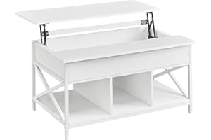 VASAGLE Mesa de Centro, Mesa de Café con Tablero Elevable, para Dormitorio, con Espacio Abierto y Oculto, Barras en Forma de X, 60 x 100 x (48-62) cm, Blanco Nieve y Blanco LCT205W46