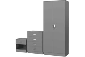 NERA FURNISHINGS Nera Grey Bedroom Furniture Set 3 Piece Set with Wardrobe Chest of Drawer Bedside Table Bedroom Storage