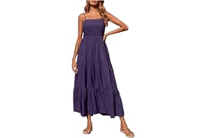 ZEIAYUAS Holiday Beach Dress for Women UK Boho Spaghetti Strap Long Dress Sleeveless Maxi Dress Summer Casual Bandeau Sundress Solid Color Beach Dresses Pleated Swing Loose Maxi Dress