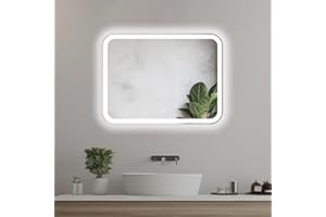 HOME GLOW 80x60 cm Prostokątne lustro łazienkowe z oświetleniem LED, Podświetlone lustro z włącznikiem, Zaokrąglone prostokątne lustro łazienkowe z naturalnym białym światłem, Podświetlane z przodu