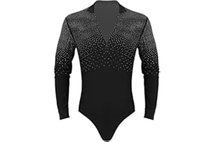 inlzdz Homme Body Danse Latine Chemise à Manches Longues T-Shirts Homme Body Sport Justaucorps Gymnastique Strass Haut de Gala Danse Jazz Bodysuit Performance M-XXL