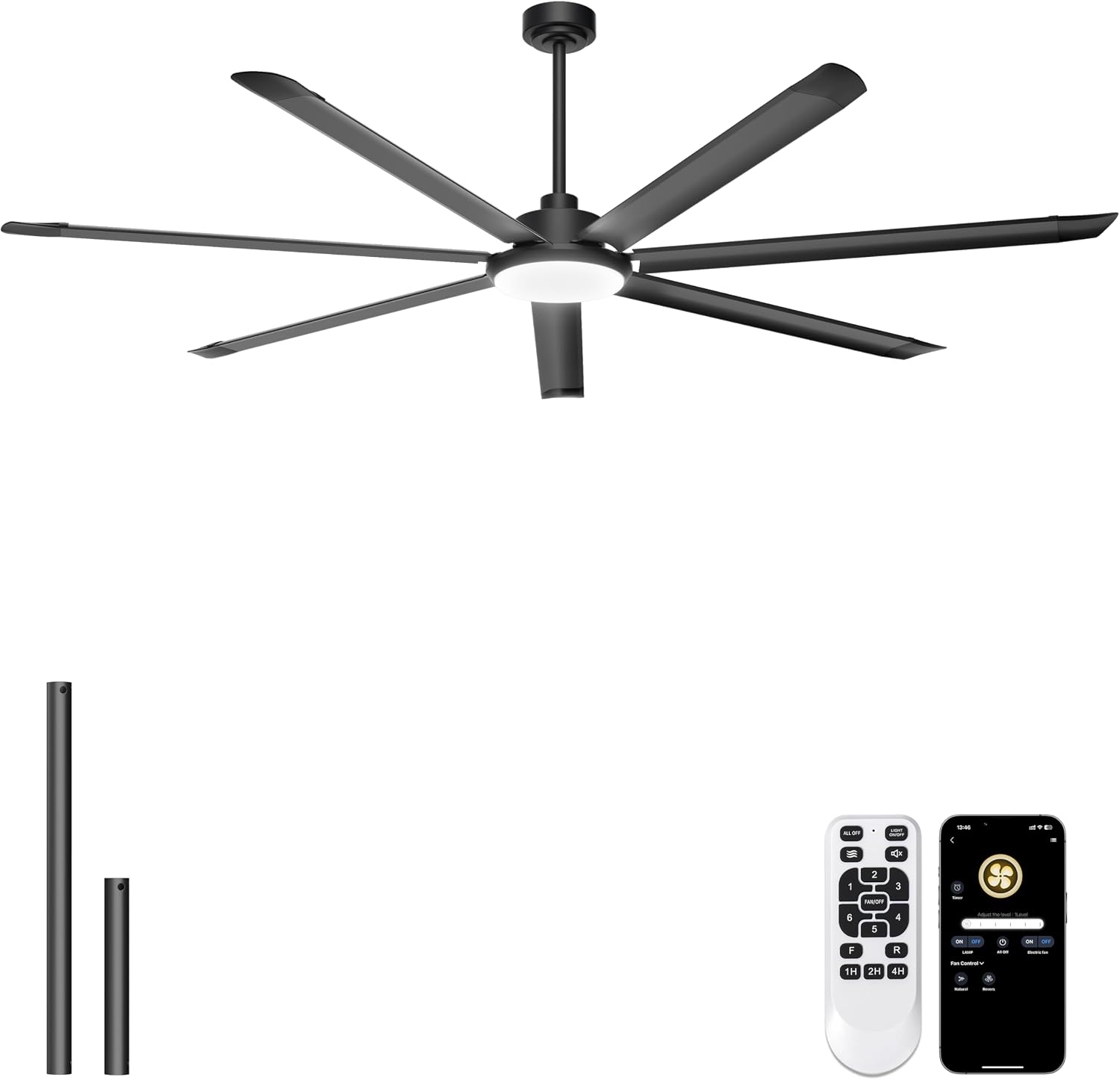 Ohniyou Ventilador de Techo de 213 cm con Luz - Ventiladores de Techo Industrial Grande con Control Remoto/APP, 7 Aspas de Aluminio, Motor DC Silencioso para Interior Exterior Terraza Garaje, Negro