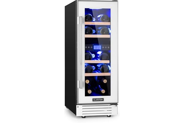 KLARSTEIN Cave a Vin Encastrable, 53L avec une Porte en Verre, Cave a Vins à Double Zone, Bar Intérieur/Extérieur, Frigo Vin, Vieillissement,17 Bouteilles