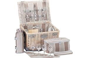 Les Jardins de la Comtesse - Panier Pique-Nique Polo Club en Osier - Complet/4 Pers - Glacière Isotherme Amovible - Assiettes en Céramique/Verres à Vin et Champagne - Tissu à Rayures - 44 x 30 x 26 cm