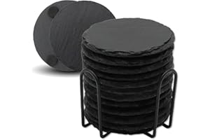 ‎VIBRATITE VIBRATITE Schiefer Untersetzer, 12 Stück Glasuntersetzer Rund mit Halter, Schieferplatte 10,2 cm schwarz für Getränke, Glas, Tassen, Bar