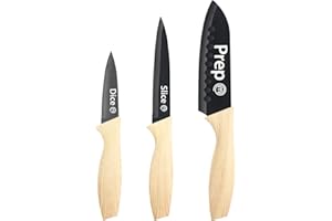 MasterChef Set Couteau Cuisine, Couteaux compris Couteau d'office, Couteau Universel et Couteau de Chef, Acier Inoxydable, Revêtement Antiadhésif, Manche Ergonomique, 3 Pièces, Aspect Bois