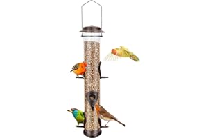 Urban Deco Metall-Vogelfutterspender, Röhren-Hängefutterspender, Wildvogel-Samenfutterspender, Robustes Metall-Vogelfutterspender mit 6 Anschlüssen und Stahlaufhänger, wetterfest und wasse (Braun)