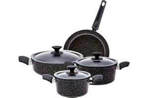 Karaca BlackGold Bio Granit Batterie de cuisine 7 pièces, Sets de Poêles et Casseroles, 3 casseroles avec couvercle en verre + 1 poêle à frire