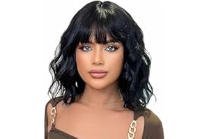 COLORFUL PANDA ColorfulPanda 14" Black Wavy Curly Bob Wigs for Women Ladies Natural Looking and Heat Resistant Synthetic Hair Short Wig with Fringe for Daily Cosplay Party