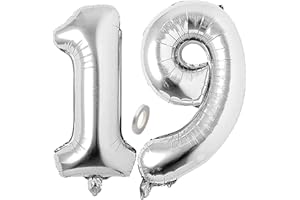 Jrzyhi Palloncini Numeri Palloncino 19 ° Compleanno Palloncino Foil Gigante Argento Numero 19 Elio Numero Grande XXL Numero 19 Buon Compleanno 19 Anni Numero Gigante Palloncini per Festa Nuziale 100CM