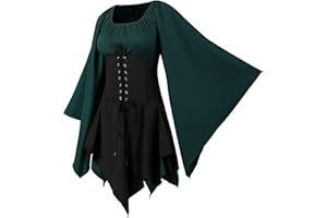 NFAOEGJ Damen Mittelalter Kleid mit Trompetenärmel,Traditionelles irisches Kleid für Damen Renaissance Cosplay Kostüm Karneval Party Halloween Kostüm
