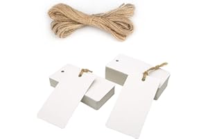 jijAcraft Étiquettes Papier Kraft Etiquette Cadeaux Rectangulaire 9x4,5cm, 100 pièces et Ficelle de Jute, pour Mariage Noël Anniversaire Artisanat (blanc)