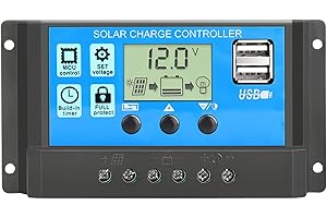 LUMITREX 30A Régulateur de Charge Solaire PWM 12V/24V avec Double Port USB 5V/2A Contrôleur de Charge Solaire avec Écran LCD Intelligent Panneau Batterie au Plomb Protection Multiple pour Industrie la Maison