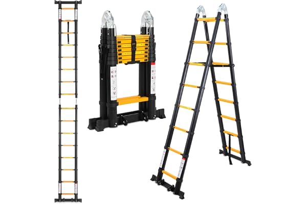 Lospitch 5 (2,5 + 2,5) M hopfällbar teleskopstege av aluminium, utdragbar stege med stabilisator, hopfällbar stege med hög kvalitet, hopfällbar stege, maximal belastning 150 kg, svart