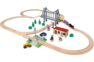 Eichhorn Ferrocarril 100006204 - Juego de ferrocarriles con Puente, 55 Piezas, Longitud de Trazo de 500 cm, Madera de Haya certificada FSC, se Puede Instalar con Otros Sistemas ferroviarios