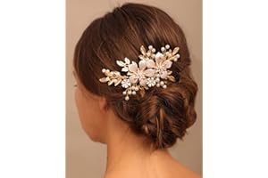 Chargances Bride Gold Flower Leaf Hair Comb Wedding Pearl Beaded Hair Side Comb Dainty Fashion Handmade Hair Accessories for Women Bridesmaid Girls
