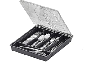 Glorlliant Organizador de cajones de cubiertos, bandeja de utensilios de cocina, bandeja de cubiertos con tapa, soporte para cuchillos, tenedor, cuchara, caja de almacenamiento de cubiertos,