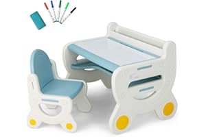 LIFEZEAL Stolik kawowy dla dzieci, stolik i krzesła dla dzieci, z wymazywaną tablicą, półką, regałem, ergonomicznym oparciem, stołem dziecięcym, z tworzywa sztucznego, zestaw dla dzieci w wieku 3-8