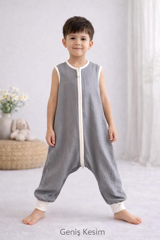 Yazlık Bebek Çocuk Uyku Tulumu%100 Pamuk Çift Kat Müslin Kumaş 0.5 TOG Oeko-Tex Sertifikalı Kolsuz Nefes Alan Terletmeyen Gri 3-7 Yaş