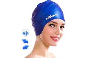 Firesara Silicone Bonnet de Bain avec Poches d'oreille pour Cheveux Longs, Unisexe imperméable en Caoutchouc Swim Chapeaux Gardez Long Short épais Cheveux bouclés Sec Comprend 2 Earplugs 1 Pince-Nez