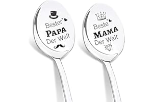 DIKARIYA Mama und Papa Geschenke, Muttertagsgeschenke für Mama, Vatertagsgeschenke für Papa, 2er Kaffeelöffel mit Gravur, Beste Mama und Papa der Welt, Löffel Edelstahl Geburtstagsgeschenk für Eltern