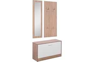 HOMCOM Set Mobili Ingresso 3 Pezzi con Panca Scarpiera, Appendiabiti a Muro e Specchio, Guardaroba da Camera e Corridoio in Legno, 80x27x46.5 cm Color legno e Bianco