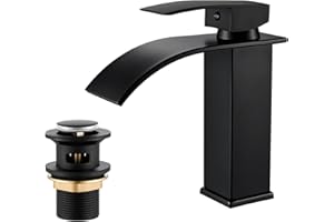 AIMOYO Basin Mixer Taps Waterfall Black Sink Tap with Slotted Pop-up Waste, Modern Countertop Bathroom Sink Mixer Faucet Black Matte, Single Lever Cloakroom Faucet with G1/2 UK Standard Hoses