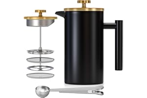 Enfmay Cafetière 8 Cups French Press Coffee Maker, 1000ML 3 Level Filter Double-Walled Insulated Stainless Steel French Press Caffettiere for Home and Office, Extra 1Filter and 2-in-1 Clip Spoon