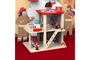 DecoBay Sustainable Wooden Toy Wooden Fire Station Play Set for Kids Fire Engine, Fire Fighters, Rescue Dog and Helicopter, 3 years +