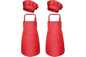 FANGEHONG 4 Pezzi Rosso Bambini Grembiule e Cappello da Cuoco Set, Regolabile Bambino Grembiuli con Tasche per Ragazze Ragazzi, Bambina Grembiule da Cucina Chef per Pittura Cottura Cucinare (M per 3-6 Anni)