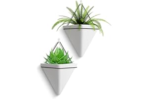 FairyLavie 20cm Hanging Planter, 2 Pack Ceramic Geometric Wall Planters Plant Holder Container with Hooks for Indoor Outdoor Wall Decor, for Family Friends