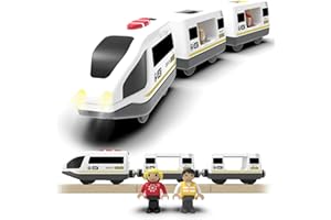 DxxD Eisenbahn Elektrische lok Holzeisenbahn Zug, Batteriebetriebenes Lokomotivzug mit Frontscheinwerfern und Sound, Zugset Kompatibel mit Brio, Thomas, Spielzeugauto Junge Kinder ab 3 Jahren, Weiß