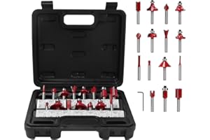 Router Bit Set,DEWINNER 15pcs 6.35mm Shank Tungsten Carbide Tipped Palm Router Bit Set with Wooden Box, Double Flute Wood Milling Saw Cutter
