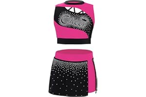inlzdz Kids Cheerleading Outfits Girls Cheerleading Rhinestones Crop Top with Skirt Cheer Dance Uniform Costume