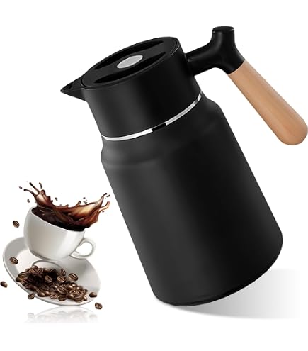 Pichet Isotherme Thermos 0.6L Acier Inoxydable - Carafe à Café Avec Poignée Bois Et Bouton-Poussoir