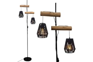 Osasy Lampadaire Boho vintage, lampadaire boho pour salon, à osier-rope 2 abat-jour,en métal et bois,avec interrupteur, noir, E27 douille,H169 cm