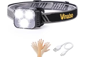 Vinabo Head Torch Rechargeable, LED Headlamp with Red Warning Lights, Camping Headlight with Sensor Control, 6 Light Modes, IPX4 Waterproof for Fishing, Camping, Hiking, Cycling, Running