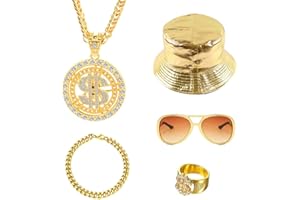 CHEVVY Hip Hop Kostüm Set 5 Stücke Goldener Fischerhut Dollar Anhänger Kette Ring Sonnenbrille mit Farbverlauf 80 90er Jahre Zuhälter Kostüm für Fasching Themenpartys Rollenspiel