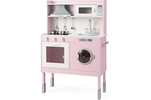 RELAX4LIFE Cucina Giocattolo in Legno per Bambini, Mini Cucina con Luci e Suoni Reali, Altezza Regolabile 97/101/103cm, Set di Cucina per Bambini 3-8 Anni (Classica), XT5455-1
